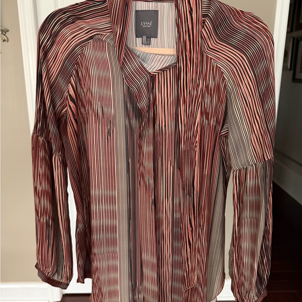 Lysse Satin Striped Button-Up Blouse in Rust, Black & Cream